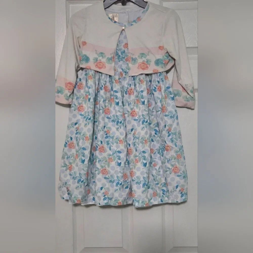 Laura Ashley London 6X Girl's Blue White Floral Print Dress& Bolero Jacket Set